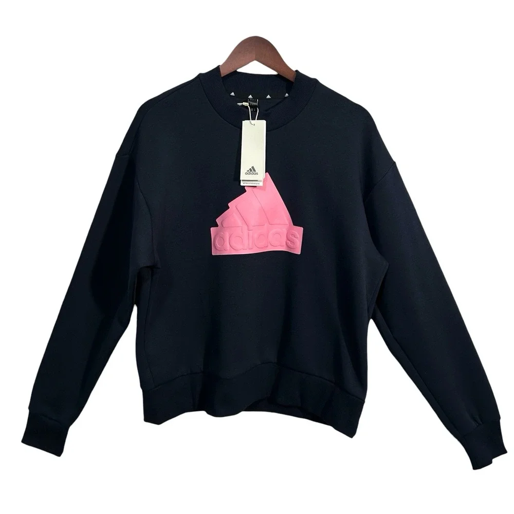 Adidas Future Icons Badge of Sport Mens Crewneck Sweatshirt Size M Ink Blue Pink